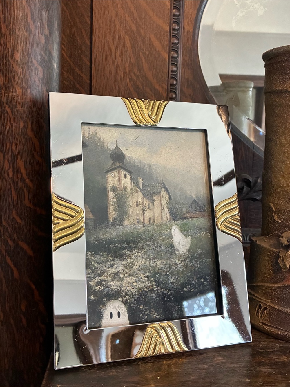 Vintage Jennifer Moore Art Deco Silver Gold Tone Metal Frame Halloween Ghost